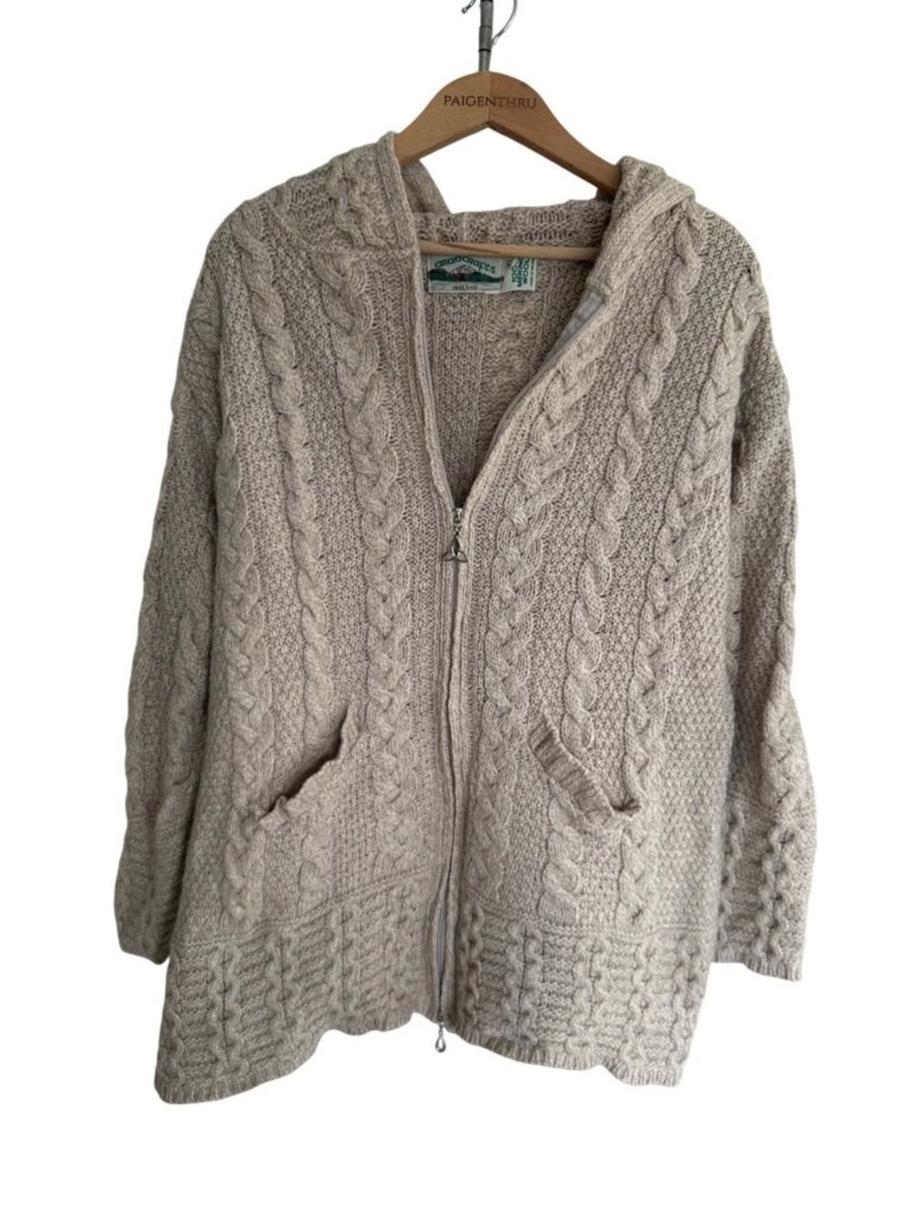 Aran Crafts Women's XL 100% Merino Wool Beige Cable Knit Full Zip Hooded Sweater